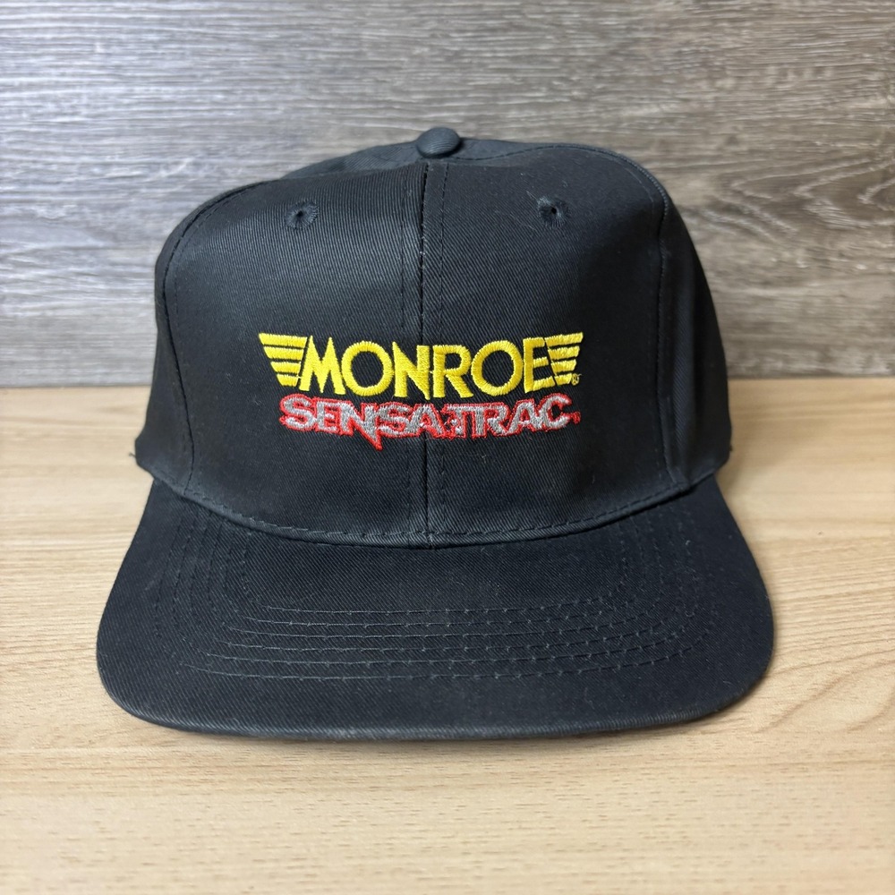 Vintage Monroe SensaTrac Hat Cap Snap Back Mens Black Embroidered Automotive